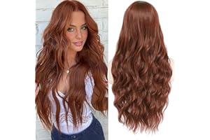 PORSMEER Peruka damska, miedziano-czerwona, długa, falowana, naturalne sztuczne włosy, peruka z przedziałkiem na środku, dla kobiet/dziewcząt, do noszenia na co dzień, na karnawał, imprezę Cosplay,