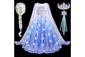 G.C LED Robe Princesse Fille Lumineux Deguisement Reine des Neiges avec Perruque Couronne Elsa Déguisement Princesse Anniversaire Carnaval Halloween Costume pour Enfant