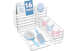 Radikor 16 Piezas Organizadores de Cajones de Plástico Transparente, Separadores de Cajones de Escritorio de 4 Tamaños, Bandejas de Almacenaje para Maquillaje, Baño, Oficina, Cocina