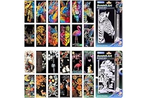 Yuqilin 24 Pièces Carte a Gratter Enfant+ 2 Pièces Stylo Spécialisé Dessin Gratter pour Enfants Activite Manuelle Adulte Rainbow Painting Sketch pour Carnets Cartes de Vœux Cadeaux Fêtes Noël (A)