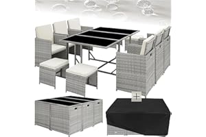 tectake® Outdoor Balcony Garden Furniture Set, Lounge with 6 Chairs, 4 Stools and 1 Table, Poly Rattan Wicker, Weatherproof, Space-Saving - Light Grey