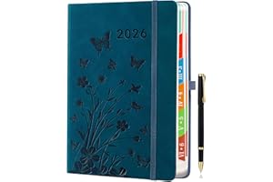 HwxBen Agenda 2026 Journalier A5 – Une Page par Jour, Janv.-Déc., Planificateur Quotidien et Mensuel, Onglets Mensuels Colorés, Design Floral, Porte-stylo Élastique, Couleur Bleu Paon