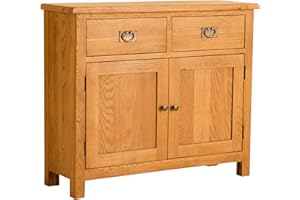 ROSELANDFURNITURE Lanner Oak Small Sideboard Cabinet | Traditional Rustic Waxed 2 Drawer Solid Wood Storage Cupboard for Dining Room, Hallway or Living Room | Fully Assembled 85 x 100 x 33.5 cm