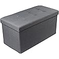Large Ottoman Foldaway Storage Blanket Toy Box Bench Twill Linen with Buttons Grey 76x38cm