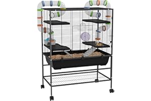 PawHut Large Hamster Cage, Gerbil Cage with Wheels, Tubes, Storage Shelf, Ramps, Running Wheel, Food Dish, Water Bottle, for Syrian Hamster - Black