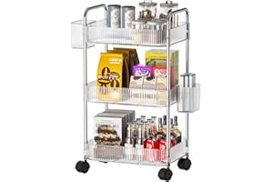 WASJOYE Carrito utilitario de 3 Niveles con asa, Carrito de Almacenamiento móvil con Ruedas, Carrito de Almacenamiento Multifuncional Desmontable para Cocina, Oficina, baño, lavandería, Maquillaje