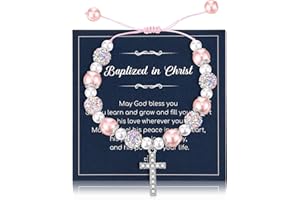 Sinmoe 3 Cadeaux de Première Communion Baptême pour Filles Bracelet Croix Baptême Bracelet Perle Communion Cartes Religieuses Rose Sachet Velours à Cordon pour Chrétien Catholique Confirmations