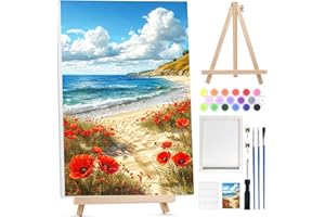 BOWETILE Flowers Paint by Numbers for Adults with Framed Canvas&Wooden Easel,Seaview Painting by Numbers Kit for Adults Beginners Canvas Kit,DIY Acrylic Pigment Drawing Paintwork for Home Decor20x30cm