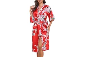 Lovasy Kimono Dressing Gowns Satin Kimono Robe Peacock And Blossoms Silk Dressing Gown for Women UK Long Silk Bride and Bridesmaid Robes