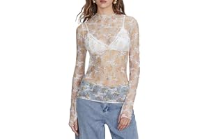 Caziffer T-Shirt Transparent en Dentelle à Manches Longues pour Femme Haut Femme Chic et Élégant Tee Shirt à Col Montant pour Femme
