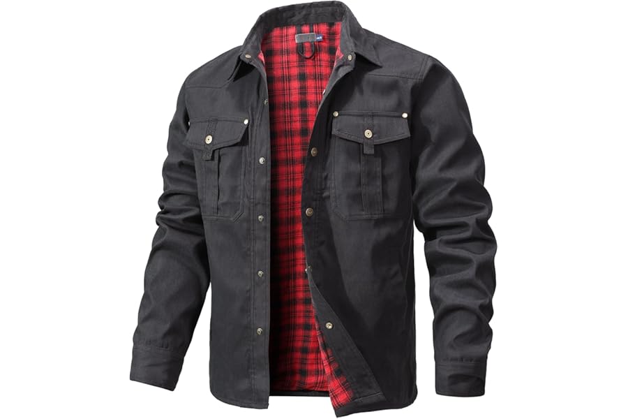 Zaitun Men's Flannel Lined Shacket Jacket Plaid Brushed Lining Cowboy Western Twill Outdoor Shirt Jacket