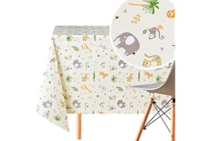 KP HOME Wipe Clean Tablecloth Reusable In Light Creame Beige - Fun Kids Safari Animals PVC Table Cover - Rectangle 200 x 140 cm - Wipeable Vinyl Table Cloth With Animal Print For Children