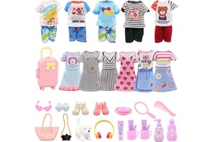 Festfun 29 Doll Clothes and Accessories 1 Suitcase 4 Sweet Dresses 2 Tops 2 Pants Outfits 2 Shoes 18 Accessories Shoes Headset Puppy Travel Set for 6 Inch Doll Girl Gift