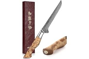HEZHEN Couteau à Désosser Damas- Couteau Filet Professionnel de 67 Couches en Acier Damas-Couteau à Poisson Manche en Bois