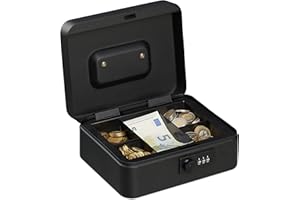 Relaxdays Geldkassette, 3-stellige Zahlenkombination, Münzeinsatz, Geldkasten Eisen, Kasse, HBT 8,5x20x17 cm, schwarz