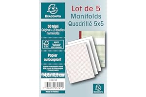 Exacompta - Réf. 3241SE - Lot de 5 manifolds quadrillés 5x5 - sous film - 50 feuillets numérotés et autocopiants - triplicatas (1 original + 2 copies) - format 148 x 105 mm - certifié FSC