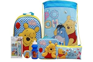 simpahome Winnie the Pooh 7PC Back to School Bundle - inc 3D Backpack, Drawstring Sports Bag, 3D Insulated Lunch Bag, Water Bottle, Coin Pouch, Pencil Case & Stationery Set.