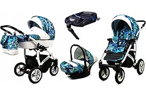 BabyLux® Kinderwagen Set 4 in 1 - Tropical - incl. Babywanne, Buggy Sportsitz, Auto-Babyschale, ISOFIX-Basisstation - Autositz - Kinderwagenset - Kombikinderwagen mit Wickeltasche usw.