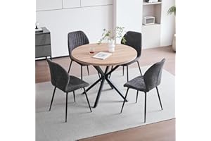 GrandCA HOME Set Tavolo e Sedie da Pranzo, Tavolo da Pranzo Rotondo da 100 CM e 4 Sedie Moderne in Lino, per Sala da Pranzo, Cucina, Soggiorno, Chiaro + Nero