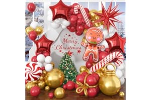 JOBKOO Luftballons Weihnachten Deko, Rot Weiß Gold Luftballon Girlande Mit Großer Lebkuchenmann Zuckerstangen Windmühle Explosion Stern Folienballons, Metallic Gold Modellierballons für Weihnachtsdeko
