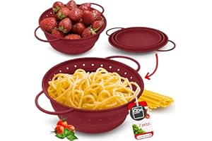 Coolinato – Set di 2 colini silicone pieghevoli 20 e 24 cm rosso – Scolapasta da cucina lavabile in lavastoviglie, privo di BPA e resistente al calore fino a 230°C - Setaccio salvaspazio richiudibile