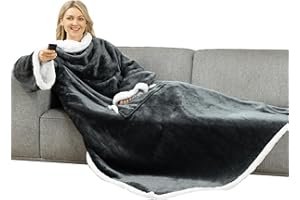 Winthome Manta con Mangas Gruesa, Batamanta Doble con Bolsillo, Plaid Sofa Hombre Mujer, Bata Blanket Polar Suave y Caliente, Regalos, Ahorrar Costes de Calefacción (Gris, 140x180cm)