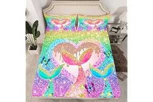 MANFEI Mermaid Fitted Sheet Single Size, Colorful Glitter Bed Cover with 1 Pillowcase, Mermaid Tail Butterfly Bedding Set 2pcs for Kids Girls Adults Room Decor, Soft Polyester Bedding