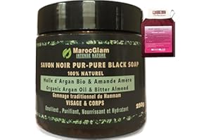 MAROC GLAM Savon Noir Hammam à l'huile d'argan BIO et l'Amandes amères 250g + Gant de gommage Kessa. Gommage au savon noir Corps et Visage, Purifiant Hydratant et Nourissant