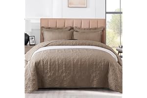 OKYUK 3-Piece Queen Quilt Set Quilted Bedspread Oversized Microfiber Lightweight Coverlet Set with Shams Reversible Printed Coverlet Bedding Set for All Season,220x240cm (Brown, 220 * 240cm)