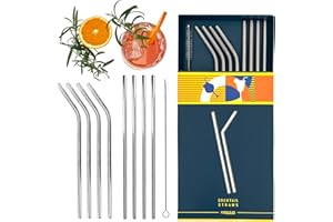 KOOLTHO Juego Pajitas Reutilizables Acero Inoxidable, Pack 16 Piezas Cañitas Metal y 2 Cepillos de Limpieza, 8 Pajitas Metálicas Rectas Largas, 8 Pajita Curvas o Dobladas, ¡Tome una Decisión Ecológica!