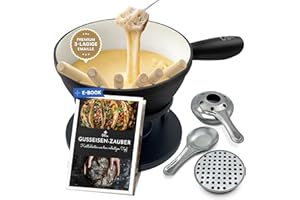 Ottia Fondue Set für 2, 3, 4, 5, 6 Personen aus Gusseisen & Emaille. Als Käsefondue, Fleischfondue, Schokofondue. Induktion geeignet, Schadstofffrei, mit Brenner+Gabeln+Rezeptbuch, Fondü-Set aus HH