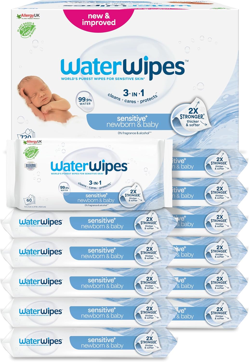 WaterWipes Sensitive+ Newborn & Baby Wipes, Toallitas Para Recién Nacidos y Bebés, 720 unidades (paquete de 12), 3 en 1 Limpia, Cuida, Protege, 99,9% Agua, Sin perfume