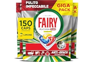 Fairy Platinum Detersivo Pastiglie Lavastoviglie Plus Complete, Brillantante, 150 Capsule, Limone, Tecnologia Anti-Opaco, Contro Il Grasso e le Incrostazioni Ostinate Anche Nei Cicli Brevi