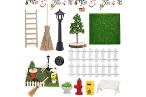 SHENGRUILI Miniatur Garten Zubehör,Mini Garten Möbel Deko Set,mit Miniatur Kunstrasen Zaun Bank Holzleiter Baum Straßenlampe Besen,Miniaturgarten Mini Ornament,Geeignet zum Dekorieren Eines Minigartens