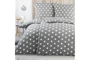 ‎BASATEX BaSaTex Feinbiber Winter Bettwäsche warme und kuschelige Bettgarnitur und Kissenbezug 4teilig 2X 135x200 +2X 80x80 cm | 100% Baumwolle | Sterne - Grau