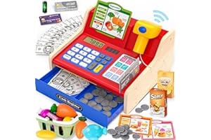 maysida Cash Register for Kids Age 3+, Wooden Till Cash Register with Scanner&Sounds, Pretend Play Toy Till with Toys Money/Coins/Credit Card/Shopping Basket/Pretend Food, Boys/Girls Brithday Gift Toy