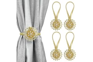 GDWD Magnetische Kristall Blume Vorhang Raffhalter,Dehnbare Vorhang Raffhalter Schnalle mit Federseil Dekorative Vorhanghalter Gardinenhalter Fensterdeko für Home Büro (4 Stück, Gold)