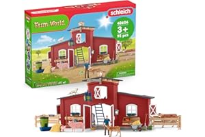 Schleich FARM WORLD | Duża czerwona farma z domem wiejskim 42606 | Zestaw z domem, rolnikiem, krową, świnią, kotem, myszą i akcesoriami | realistyczna zabawka farma dla dzieci od 3 lat | 92 elementy
