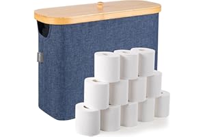 Vencier 23L Toilet Roll Storage (Holds 9 Rolls) – Bamboo Bathroom Storage Box with Lid & Handle | Multifunctional Toilet Paper Holder Stand & Basket Cabinet (Blue, 23L)