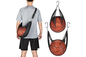 HEDUGO Single Ball Bag with Zipper Pocket Mesh Shoulder Bag with Buckle Clip Sport Equipment Storage Net for Carring Basketball Soccer Volleyball Rugby Also as Swim Beach Bag