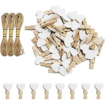 100 Clip Legno A Cuore + 30m Spago Iuta - Per Decorazioni Matrimonio, Feste, Fai Da Te, Foto - Foto 3
