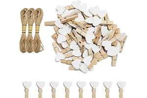 ‎CUWELT CUWELT Pack of 200 Heart Clothes Pegs, 3.5 cm Mini Heart Wooden Pegs, Heart Pegs with 30 m Natural Jute Cord, Decorative Pegs for Wedding Party Photo Card DIY and Crafts, White