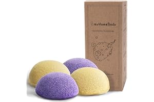 MYHOMEBODY Konjac - Spugna per il viso naturale, per la pulizia delicata e l'esfoliazione (2 gialla curcuma, 2 lavanda viola)