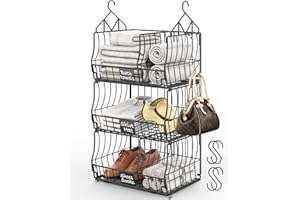 DECOHOME 3-Regal Metall Hängeregal, Schrank-Organizer, Hängeorganizer, Wandbefestigung Bodenbefestigung Hängeaufbewahrung DREI in Einem, Faltbar Stapelbare Kleiderschrank mit 4 S-Haken, Schwarz