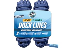 WAVESRX Premium Nylon Boat Dock Lines for Docking 1/2'' x 20' | Double Braided Marine Rope & Mooring Line| Ropes for Docking with Loop | UV & Saltwater Resistant Dock Ropes for Boats & Pontoons