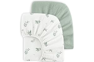 ‎BEARMOSS Bearmoss 2er Set Kinder Spannbettlaken,Musselin-Bettlaken 100% Baumwolle Baby-Bettlaken 60x120cm/140x70cm Reisebett Spannlaken Beistellbett Leintücher (Bambusblatt, 60x120cm)