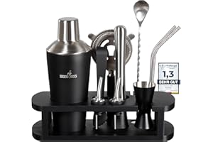 BARMINGO® Edelstahl Cocktail Set 11tlg. – 700 ml Cocktail Shaker Set mit Ständer und Bar Zubehör, Cocktailshaker Set | Barkeeper Set | Cocktail Mix Set | Bar Set | Geschenkset | Schwarz & Silber
