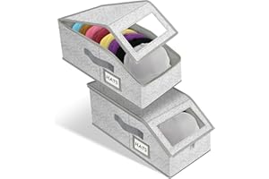 HOTOOLME 2 Pack Stackable Hat Storage Box,Foldable Baseball Cap Storage Organizer with Lid for Men Women with Cardboard,Dust-Proof Zipper Hats Box with Clear Window for Bedroom,Wardrobe,Closet