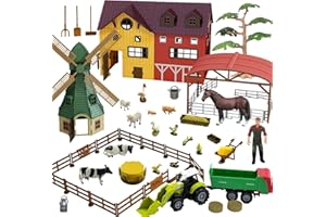 HYRENEE Farm Toy Playset Set di giocattoli animali della fattoria con mulino a vento casa cavallo stalla trattore rimorchio figurine animali agricoltore recinto gioco per bambini ragazzi ragazze per 3-7 anni