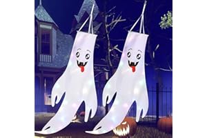 GMGXX 2 Pezzi Maniche a Vento Fantasma di Halloween Appese All'aperto di Halloween Decorazioni con Luce a LED Appesa Bandiera Spettrale Decorazione Appesa per Portico Patio Giardino